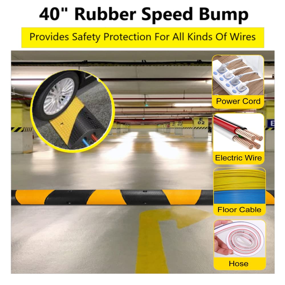 Nisorpa 40'' Rubber Speed Bump 2 Channel Heavy Duty Cable Protector Ramp With 4 Bolts 22000Lbs Load Driveway Modular Traffic Dri
