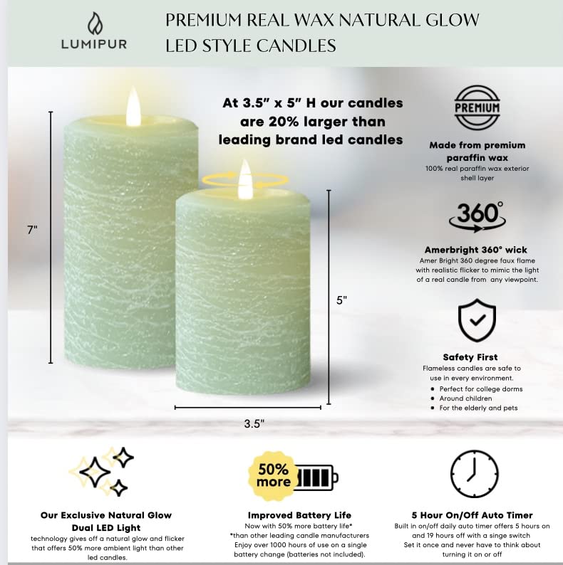 Lumipur Signature Natural Glow Flickering Flameless Led Wax Pillar Candle (3.5'' X 7'', Sage Green)