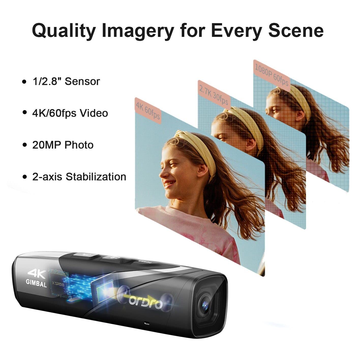Ordro Ep8 4K Head Mounted Video Camera, Ultra Hd 4K 60Fps Camcorder Vlog Hands Free Wearable Camera, Has 2 Axis Gimbal Video Stabilizer, Wi Fi App, Auto Focus With Remote Control,64G Micro Card