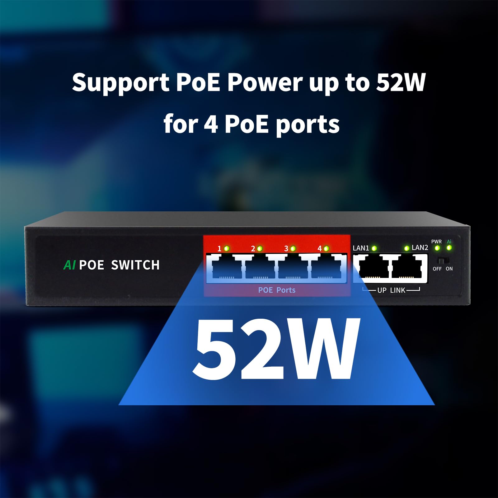 Steamemo Ai Poe Switch, 52V 52W (4 Poe Ports +2 Uplink) 100Mbps,802.3Af/At, Unmanaged Network Extender Power Over Ethernet For I