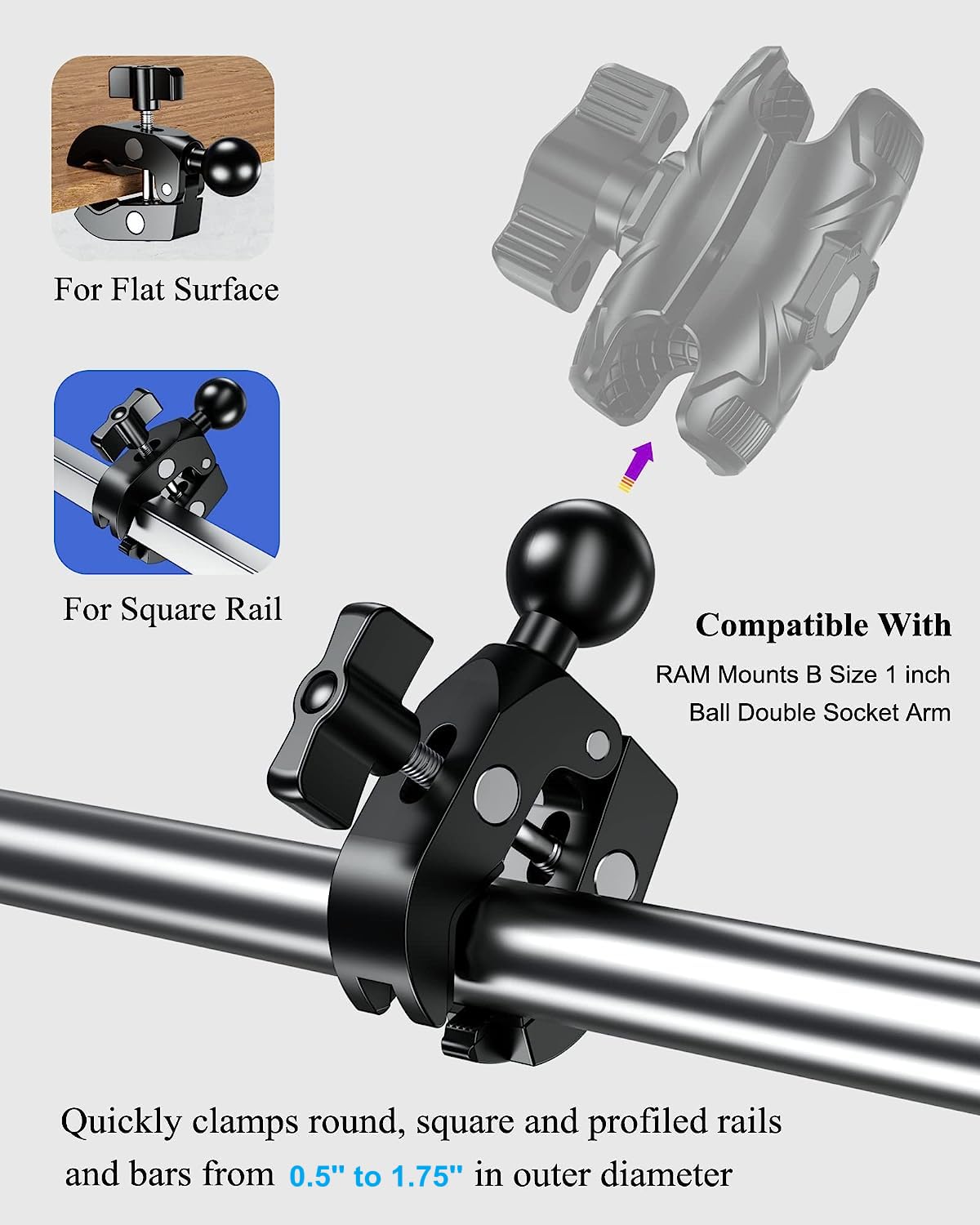 Brcovan Aluminum Alloy Handlebar Clamp Mount Base With 1'' Tpu Ball For Rails 0.5'' To 2'' In Diameter, Compatible With Ram Moun