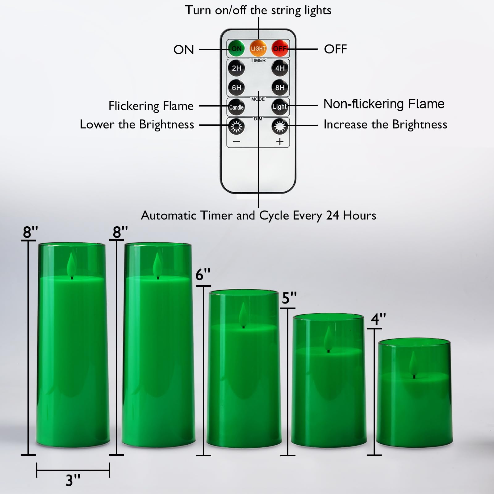 Homemory Green Flickering Flameless Candles, Battery Operated Acrylic Led Pillar Candles With Remote Control And Timer, Set Of 5