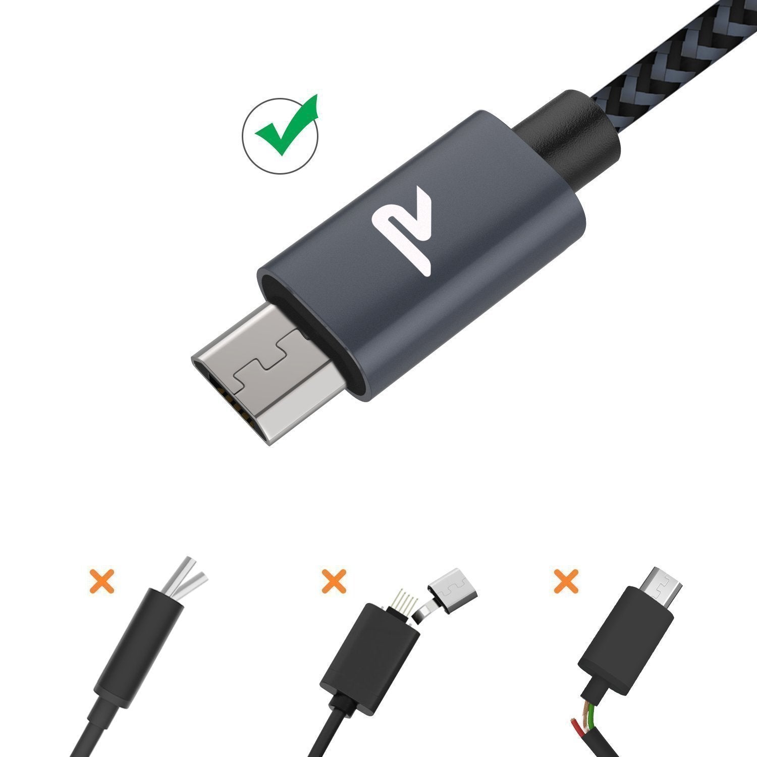 Rampow Micro Usb Cable 6.6Ft Nylon Braided Space Gray Qc 3.0 Fast Charge & Sync 2.4A For Samsung Galaxy S5/S6/S7, Htc, Lg, Kindl