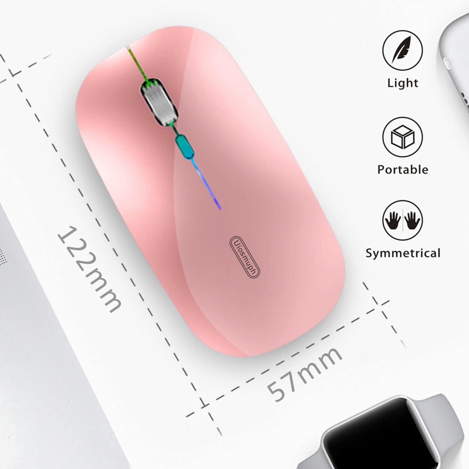Uiosmuph Led Wireless Mouse, G12 Slim Rechargeable Silent 2.4G Portable Optical Wireless Computer Mice With Usb Receiver And Typ