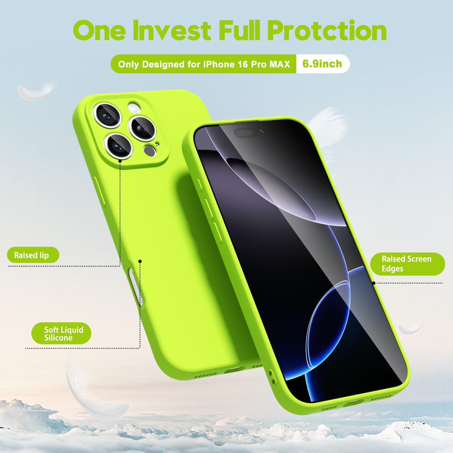 Oakxco For Iphone 16 Pro Max Phone Case Liquid Silicone, Neon Bright Solid Color, Thin Slim Soft Rubber Gel Matte Tpu Plain Simp