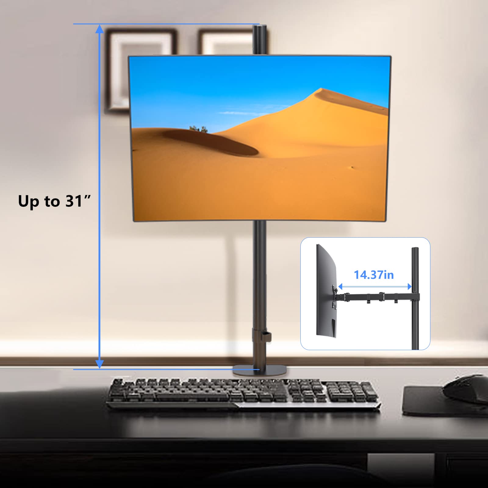 Pholiten Single Tall Monitor Stand, Extra Tall 31 Inch Monitor Mount, Fully Adjustable Tall Monitor Arm For 13 32 Inch Lcd Scree