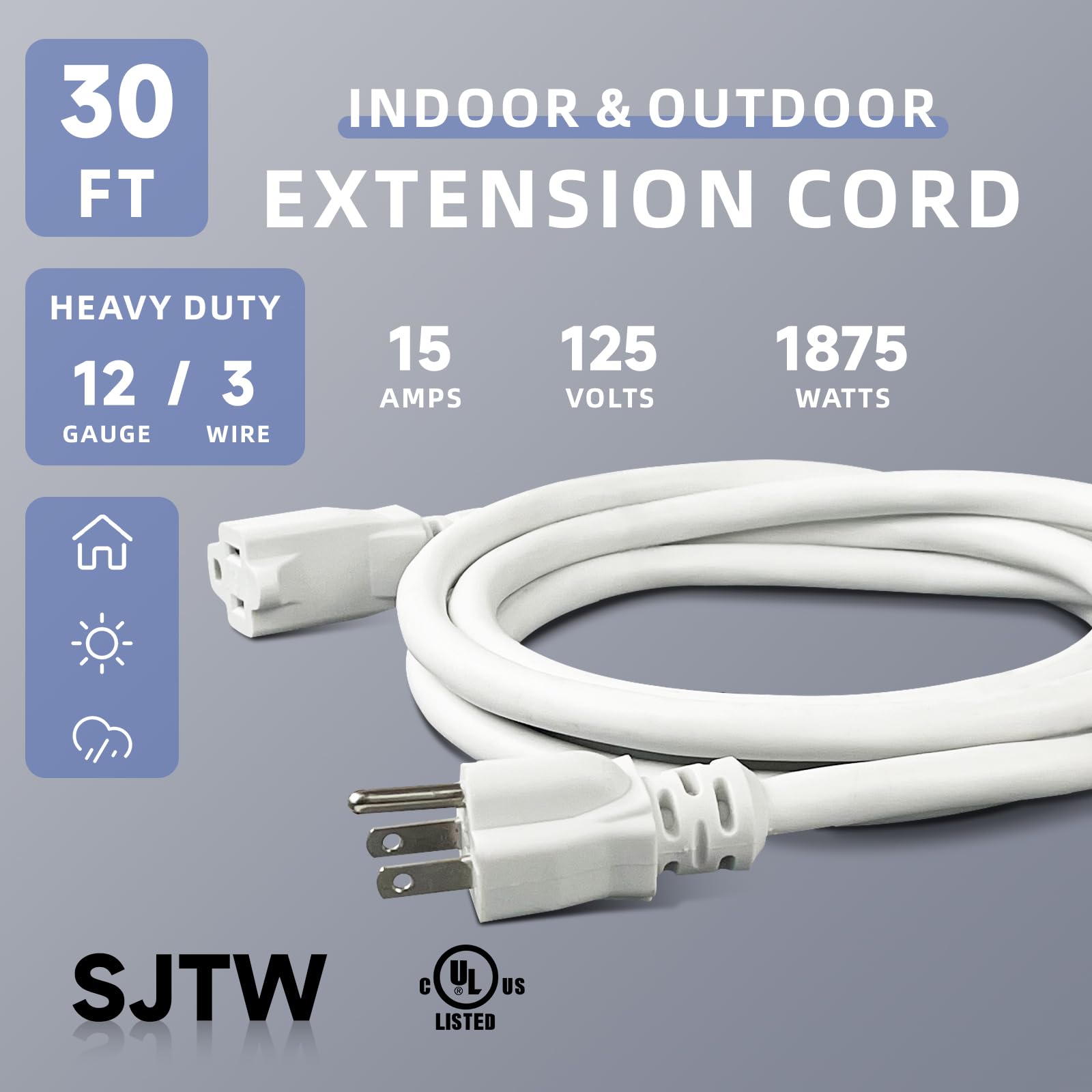 Ep 30 Ft Outdoor Extension Cord, 12/3 Sjtw Heavy Duty Extension Cable With 3 Prong Grounded Plug, 15 Amp Power Cord For Lawn, Ga