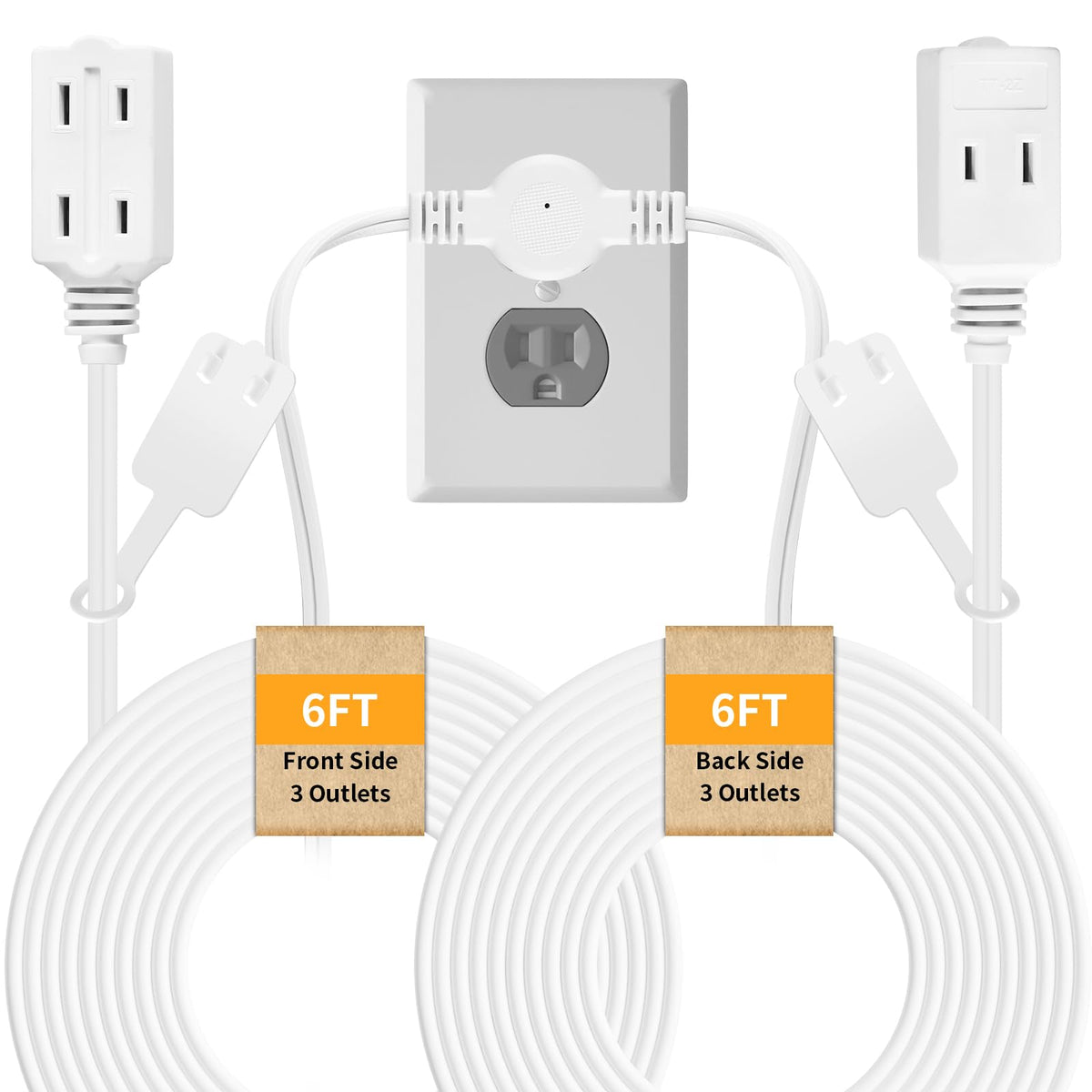 Makevivi Twin Extension Cord, 12 Ft Flat Wall Plug, 6 Feet On Each Side, 2 Prong Power Strip With 6 Outlets, Double Extension Co