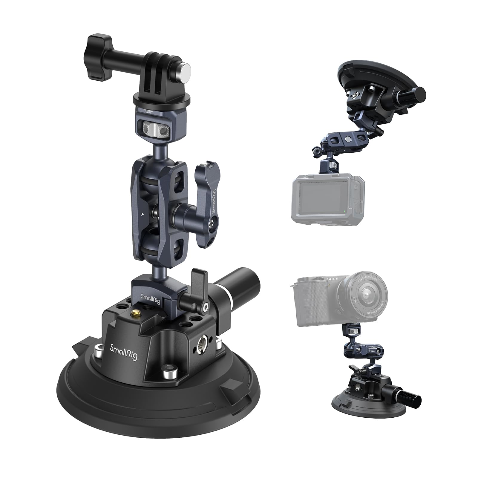 SMALLRIG 4 Camera Suction Mount with Ball Head Magic Arm, Car Mount for Lightweight Camera/Action Camera/Phone, Air Pump Vacuum 