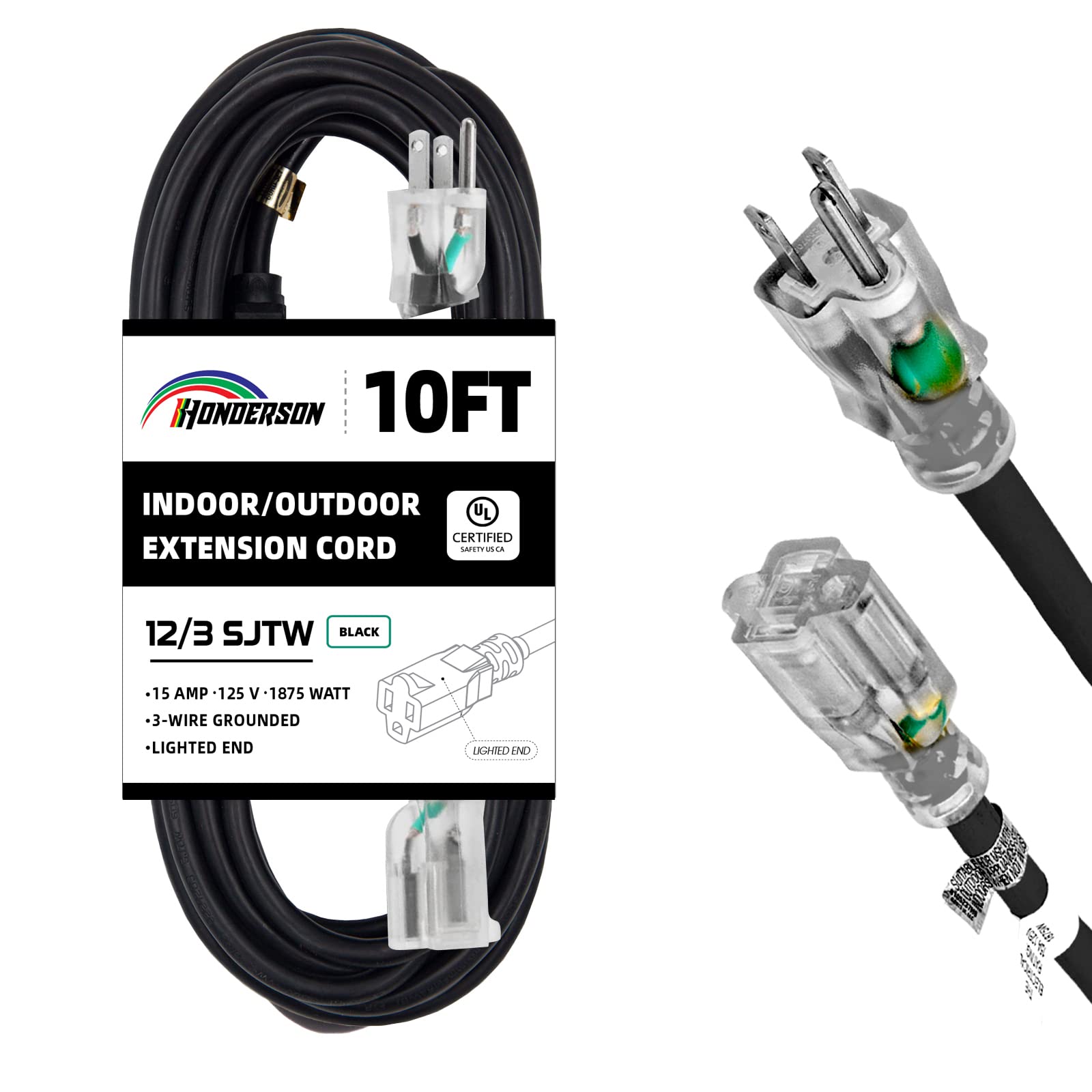 Honderson Indoor Outdoor Extension Cord Weatherproof With Lighted End, Ul Listed, 12 Gauge 10Ft Black 3 Prong Heavy Duty Extensi