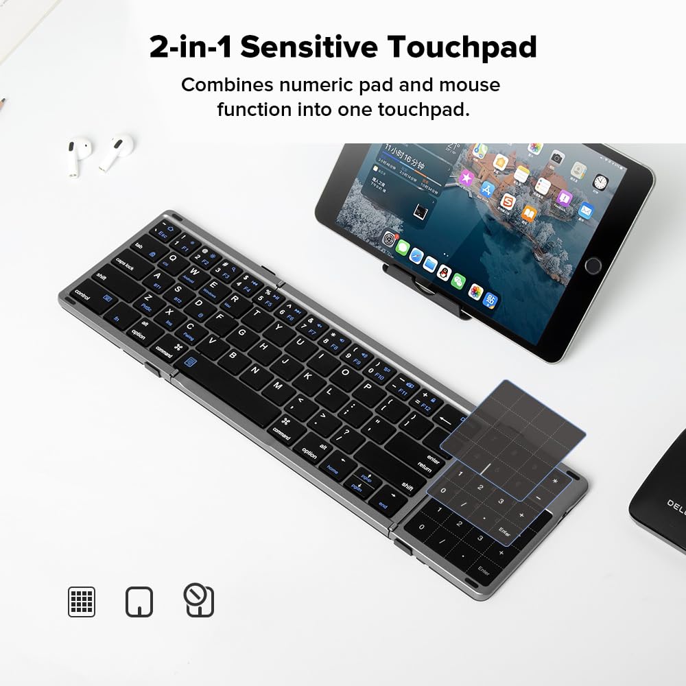 DeLUX Tri-fold Wireless Keyboard with Touchpad, Rechargeable Portable Folding Design, KF18, Compatible with iOS/Android/Windows
