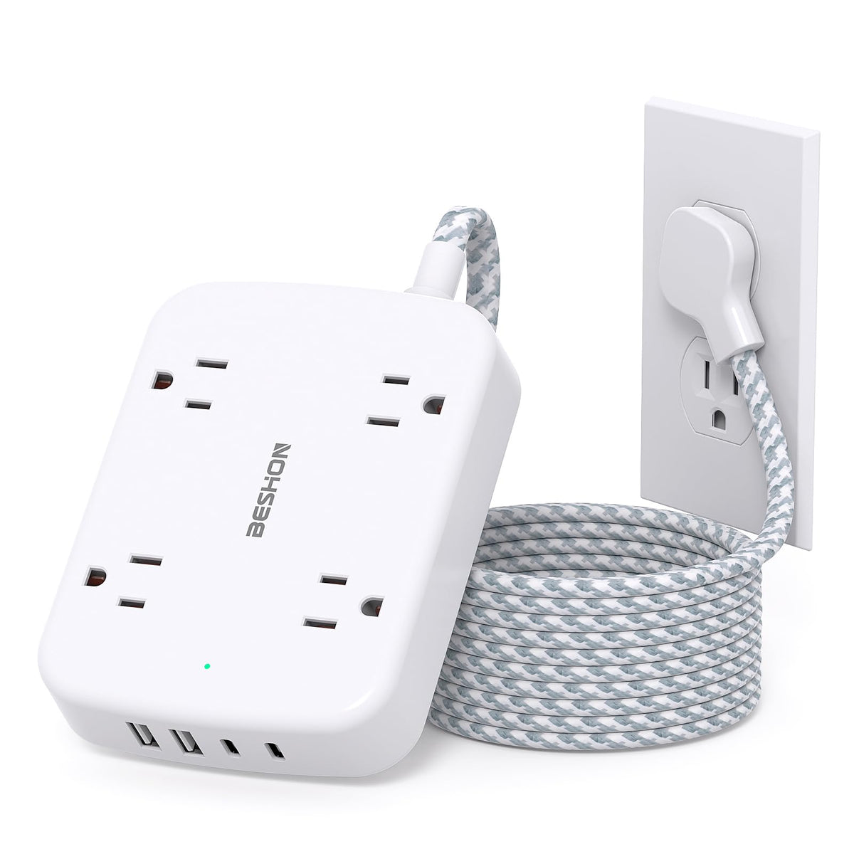 Surge Protector Power Strip With 2 Usb C - 5 Ft Flat Extension Cord Flat Plug Power Strip, 4 Widely Outlets And 4 Usb Charging P