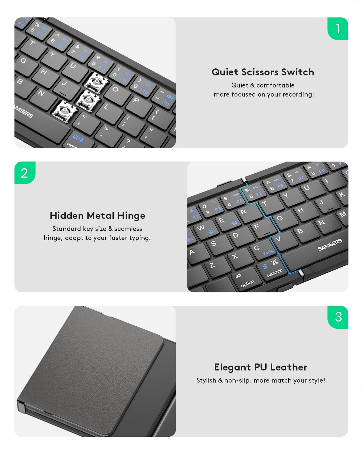 Samsers Foldable Bluetooth Keyboard With Touchpad, Full Size Wireless Folding Keyboard With Pu Leather, Support 3 Devices (Bt5.1