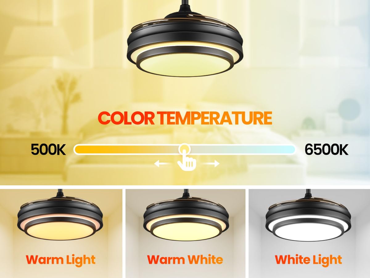 42 Inch Black Modern Ceiling Fan With Lights And Remote Retractable Fandelier Ceiling Fan 6 Speed Dimmable Memory Led Ceiling Fa