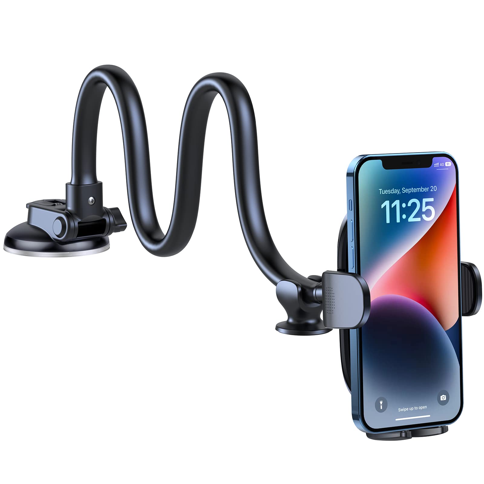 Oqtiq Phone Mount For Car [Gooseneck 13'' Long Arm] Car Phone Holder For Dashboard, Windshield, Strong Suction Cup Cell Phone Ho