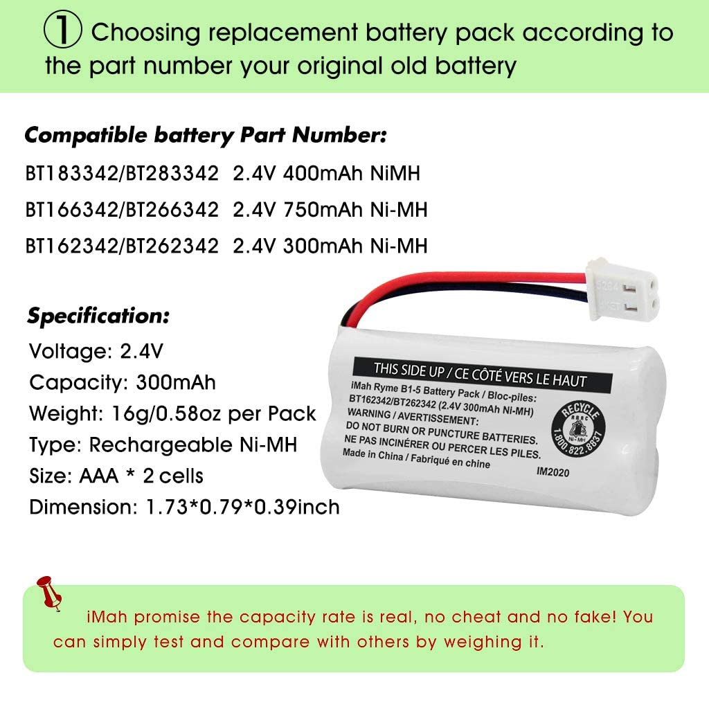 Imah Bt162342/Bt262342 2.4V 300Mah Ni Mh Cordless Phone Battery Pack, Also Compatible With Bt183342/Bt283342 At&T El52351 Tl9007