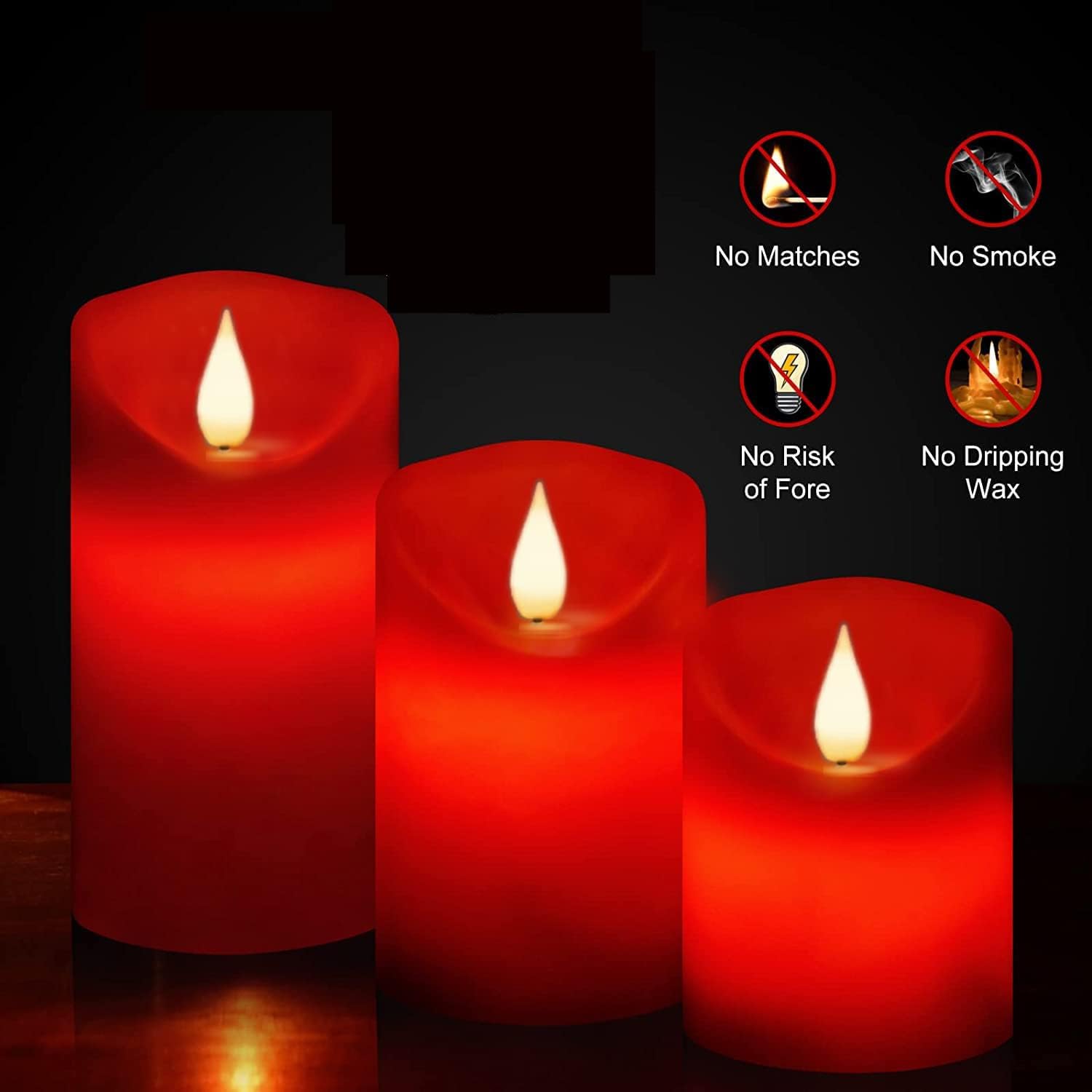 Roomsily Flameless Battery Operated Flickering Candles:3Pack Red Real Wax Pillar Candle,Electric Led Candle With 10 Key Remote C
