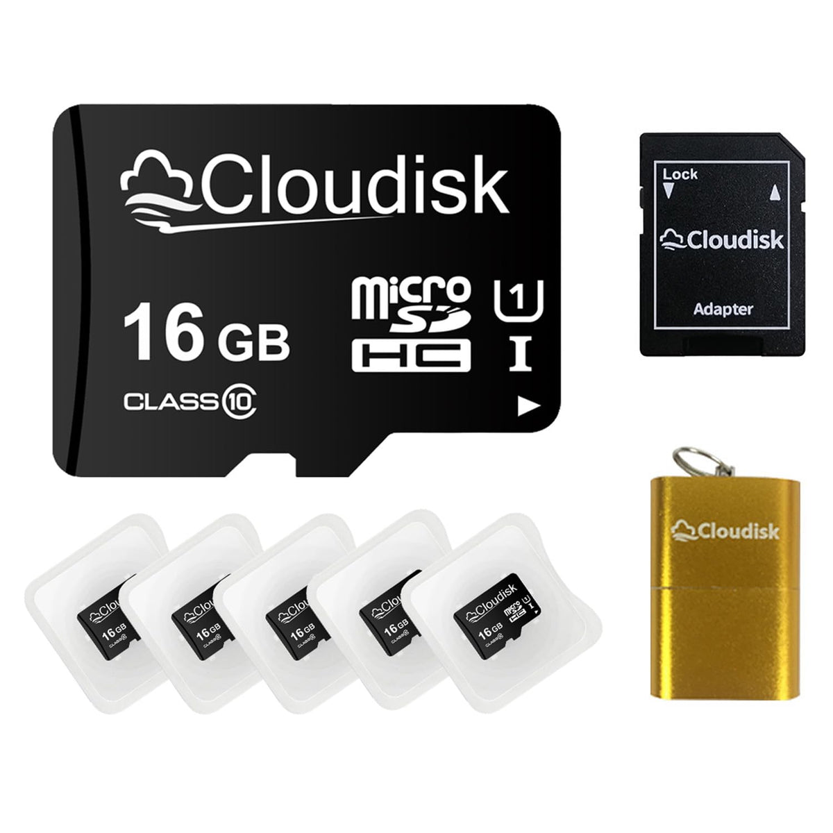 Cloudisk Pack Of 5 Micro Sd Card 16Gb Flash Memory Card Micro Sdhc C10 A1 U1 With Sd Adapter, Card Reader (16 Gb)