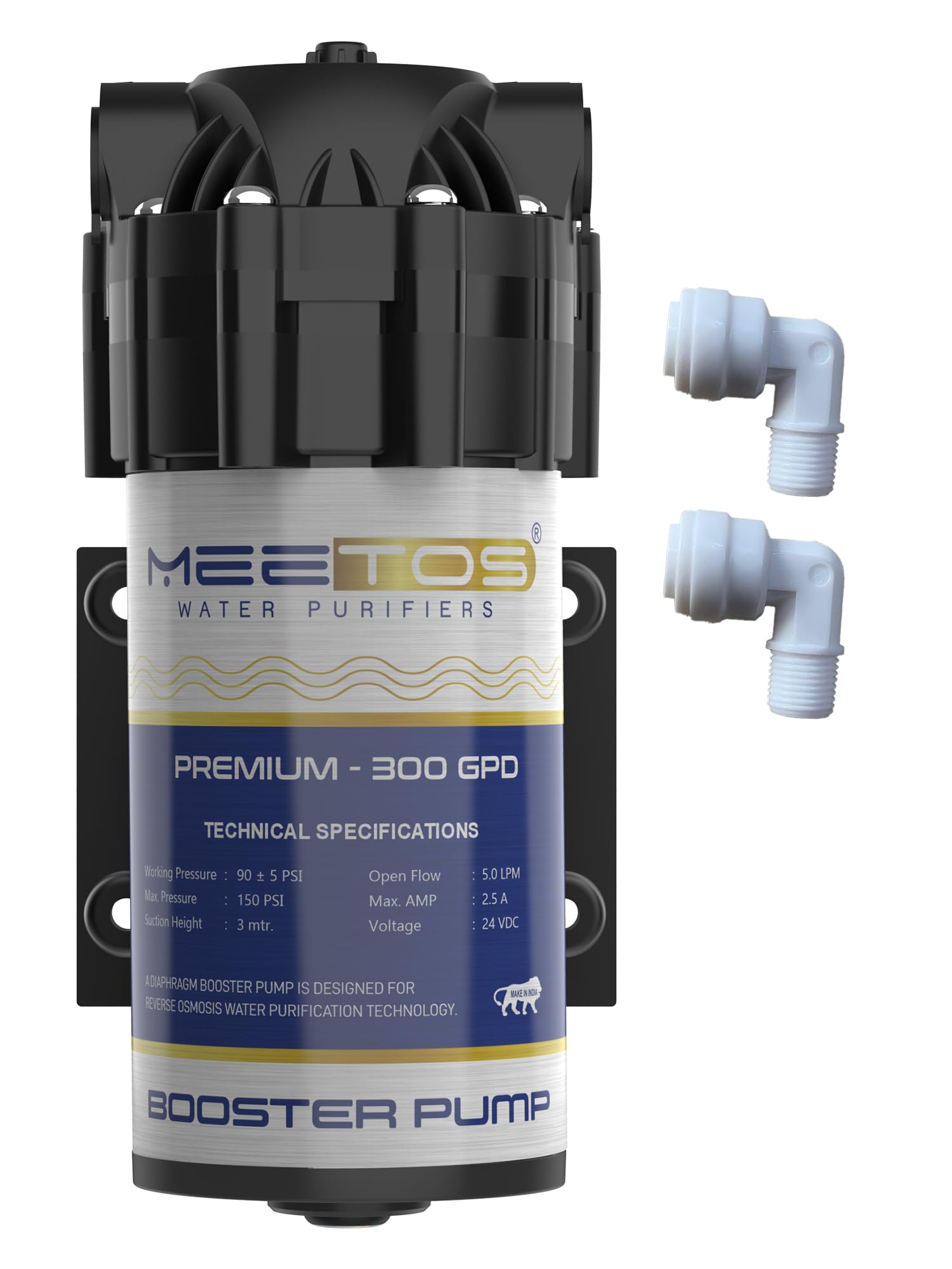 Meetos Premium 300Gpd Ro Booster Pump 24V Dc Diaphragm Pump 2Year Warranty, Noise Free, Copper Winding, Suitable For All Commer