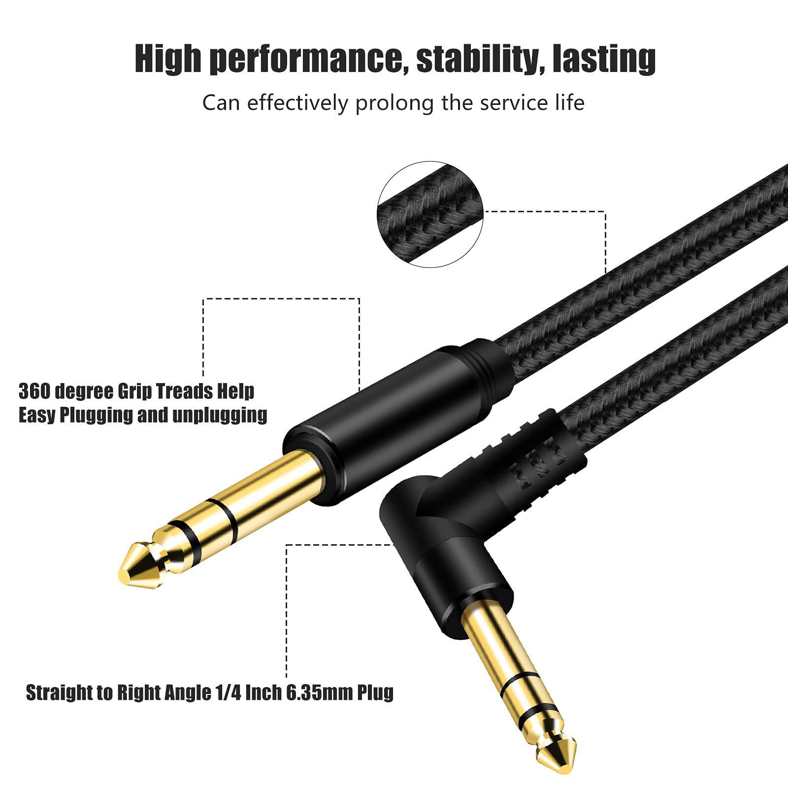 Belipro 1/4 Inch Trs Instrument Cable 3Ft, 6.35Mm Trs To 6.35Mm Trs Stereo Audio Cable Male To Male Right Angle To Straight For