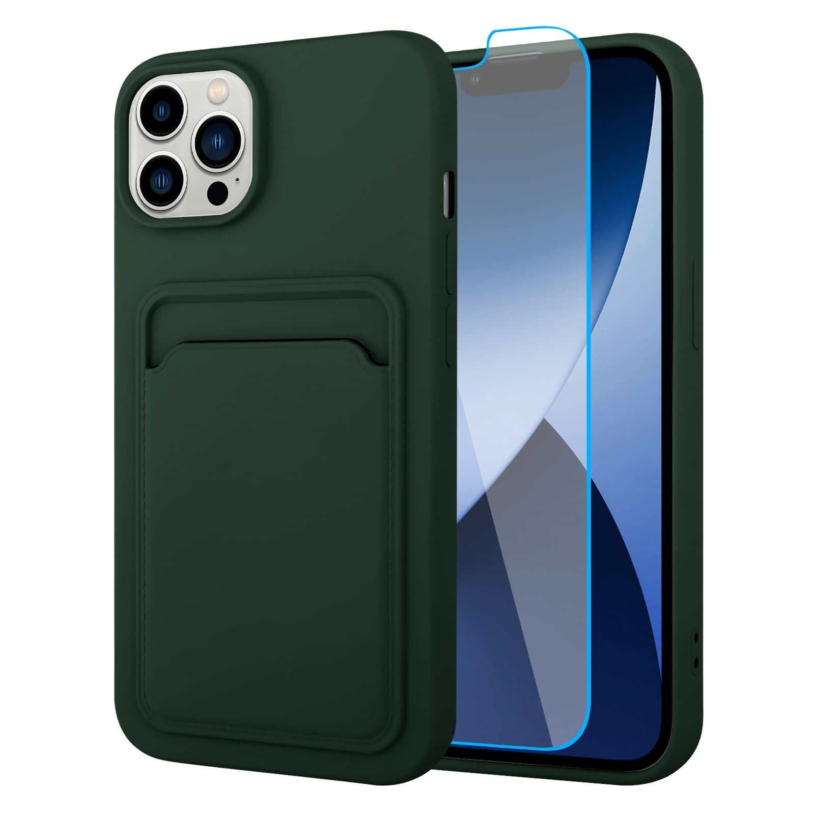 Mzelq Compatible With Iphone 14 Pro Max Case, Card Holder Camera Protection Cover + Screen Protector Phone Case Green