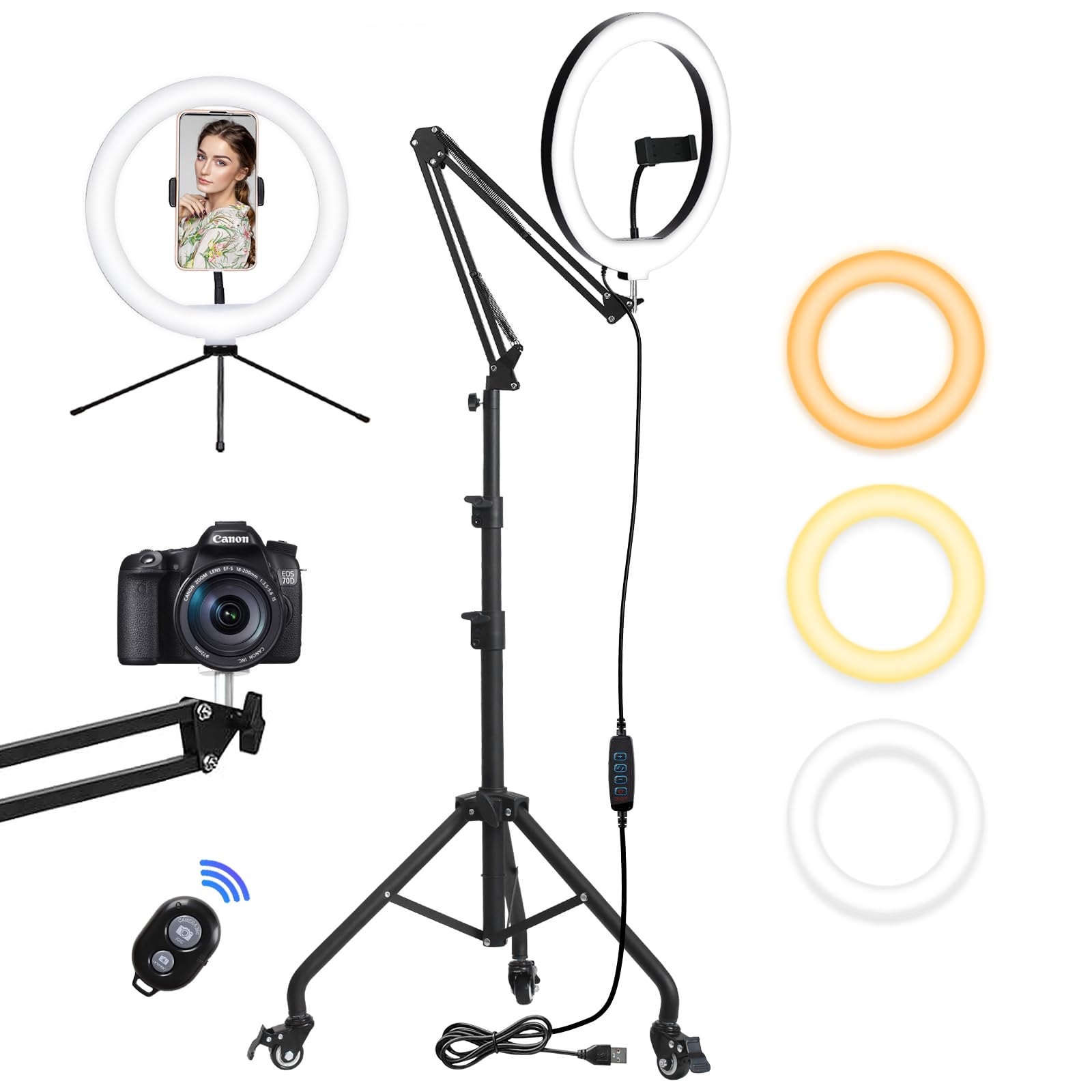 Yoobao 12 Ring Light with 81 Tripod Stand Folded Arm, Overhead Camera Mount Phone Holder with Casters, 3 Color Modes, LED Selfie
