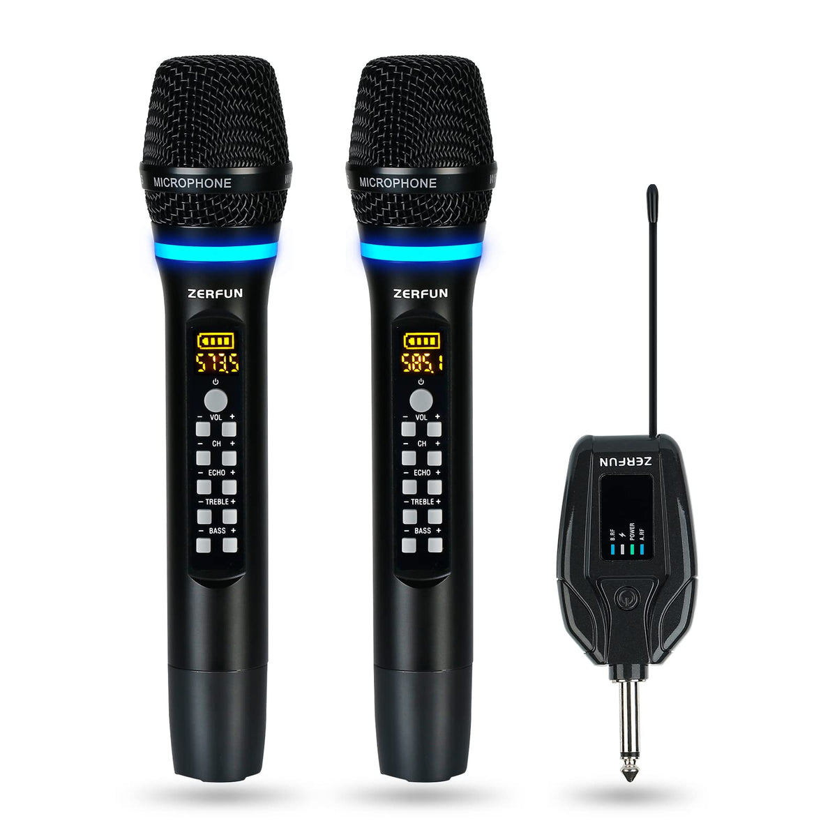 Zerfun Wireless Microphones Rechargeable, Metal Uhf Wireless Mic Cordless Microphone Handheld Dual With Echo Treble Bass Vol Cha