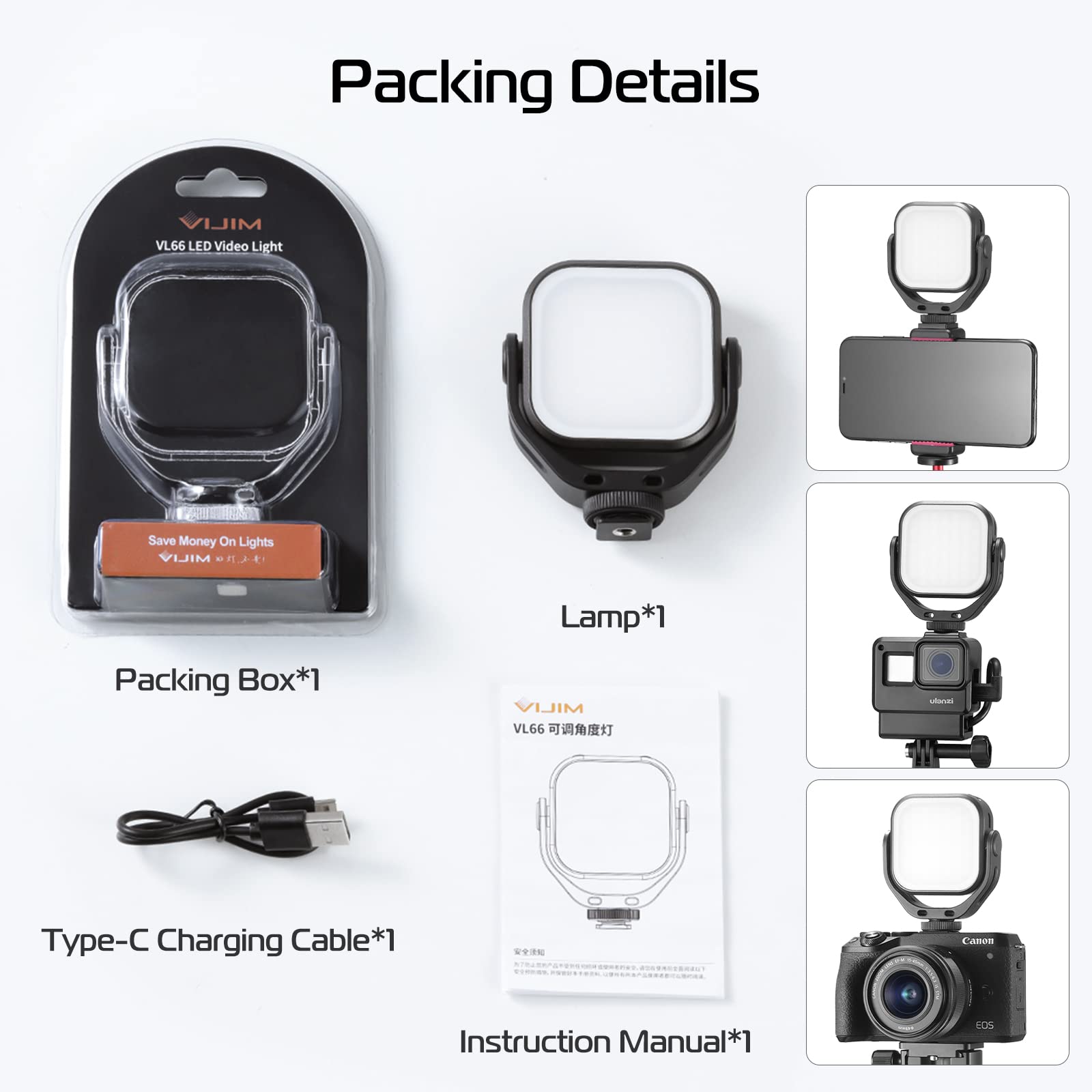 Ulanzi Vl66 Bi Color Adjustable Rechargeable 2500 6500K   Mini Video Portable Light On Camera, 2000Mah Cri95+ Dimmable, Ultra Br