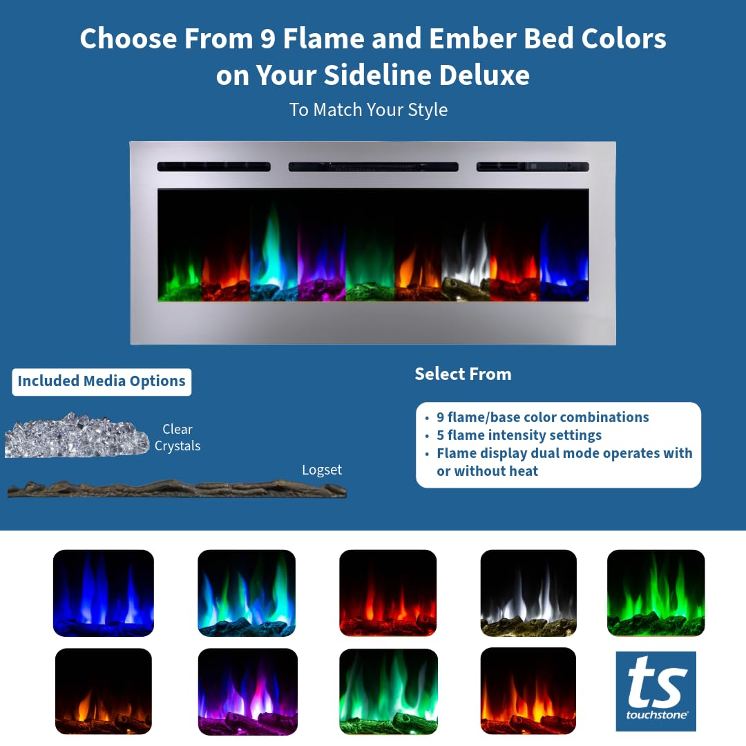 Touchstone Sideline Deluxe   Stainless Steel Electric Fireplace   50 Inch Wide   In Wall Recessed   5 Flame Settings   Multiple