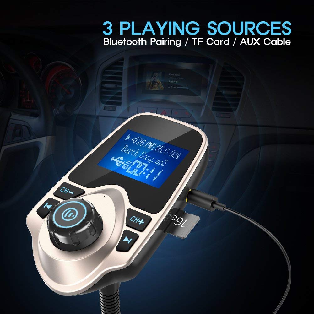 Nulaxy Bluetooth Car Fm Transmitter Audio Adapter Receiver Wireless Handsfree Voltmeter Car Kit Tf Card Aux 1.44 Display   Km18 Golden