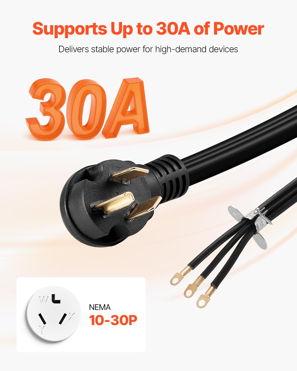 Vevor 10 Ft Dryer Power Cord, 3-Prong Nema 10-30P Appliance Dryer Cord With Eyelet Connectors, 125V/250V, Sdrt 10Awg/3C, 30A, Pu