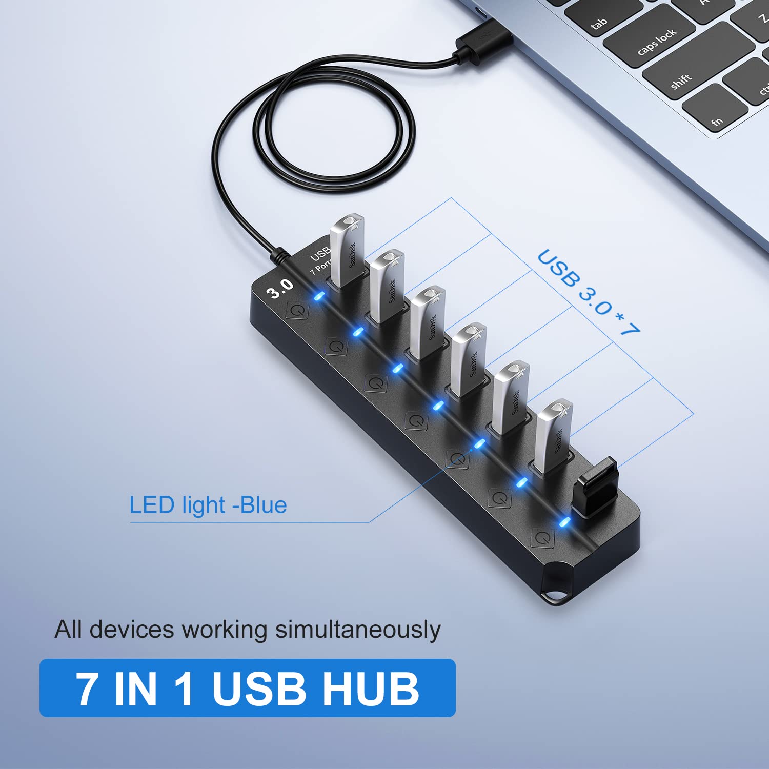 Onfinio Usb Hub 3.0, 7 Port Usb Hub Splitter With Individual On/Off Switches And Lights, 3.2Ft/1M Long Cable Compatible With Macbook, Laptop, Surface Pro, Ps4, Pc, Flash Drive, Mobile Hdd