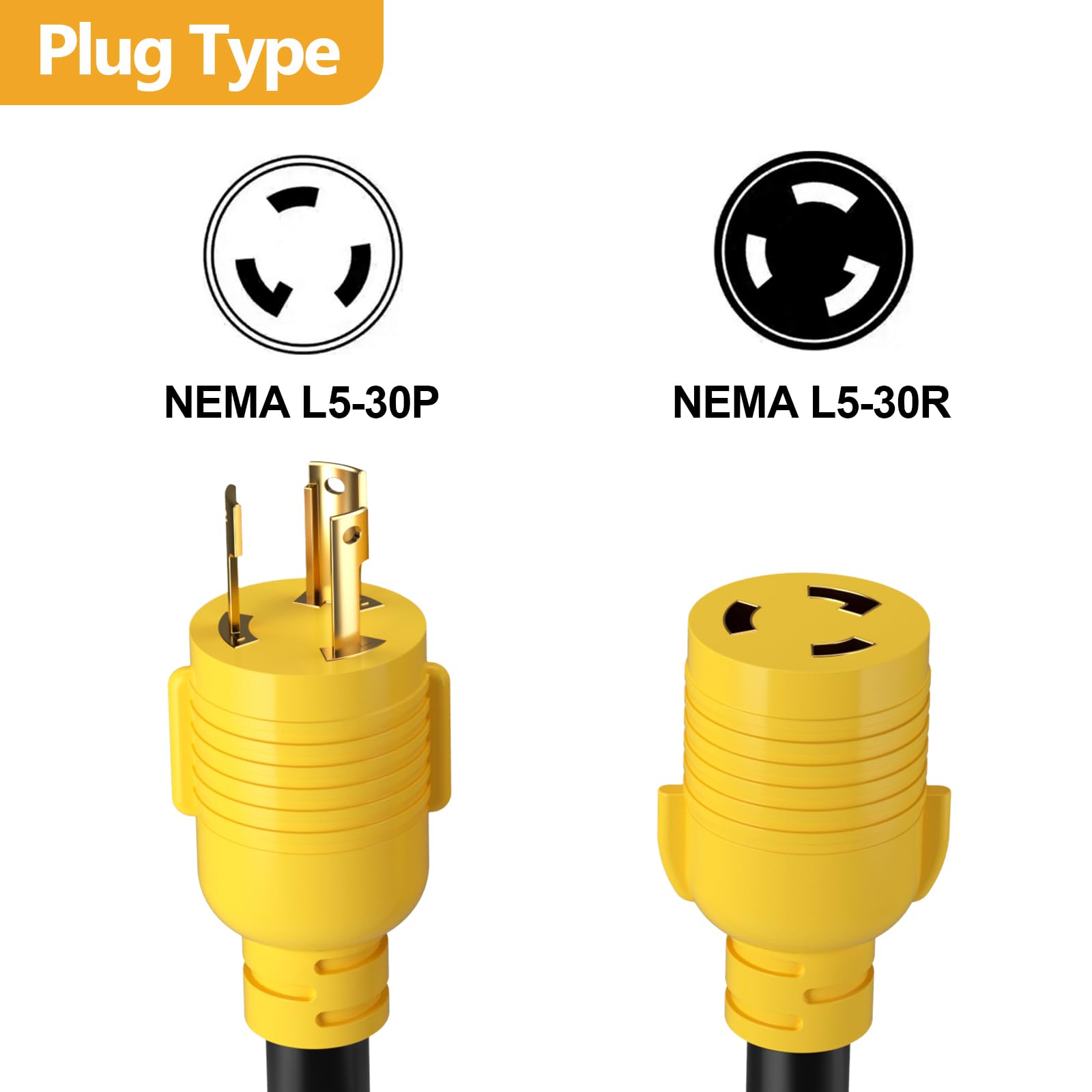10 Feet Nema L5 30P/L5 30R Generator Extension Cords,3 Prong Heavy Duty, 30 Amp,125V,10 Gauge Sjtw Cable Generator Locking Power