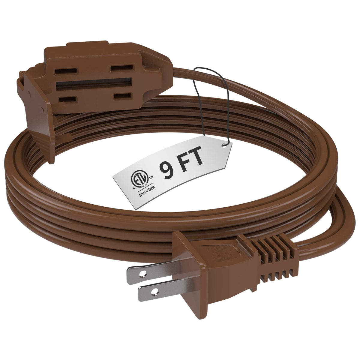 Plugtul Indoor Brown Extension Cord 9 Feet, 3 Outlet Household Extension Cord, 2 Prong, 16Gauge, 3 Polarized Outlets With Safety