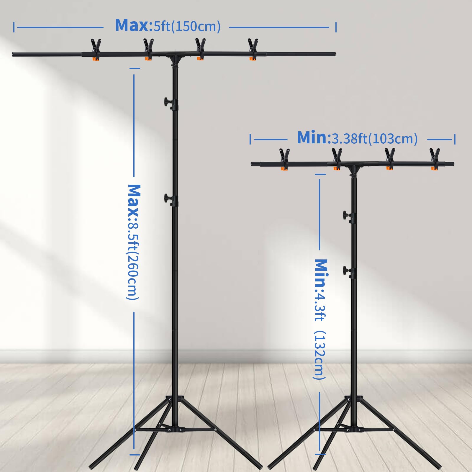 Maxztill T-Shape Backdrop Stand 8.5X5Ft(2.6X1.5M) Adjustable Photo Studio Background Stand Support Kit With 4 Backdrop Clamps An