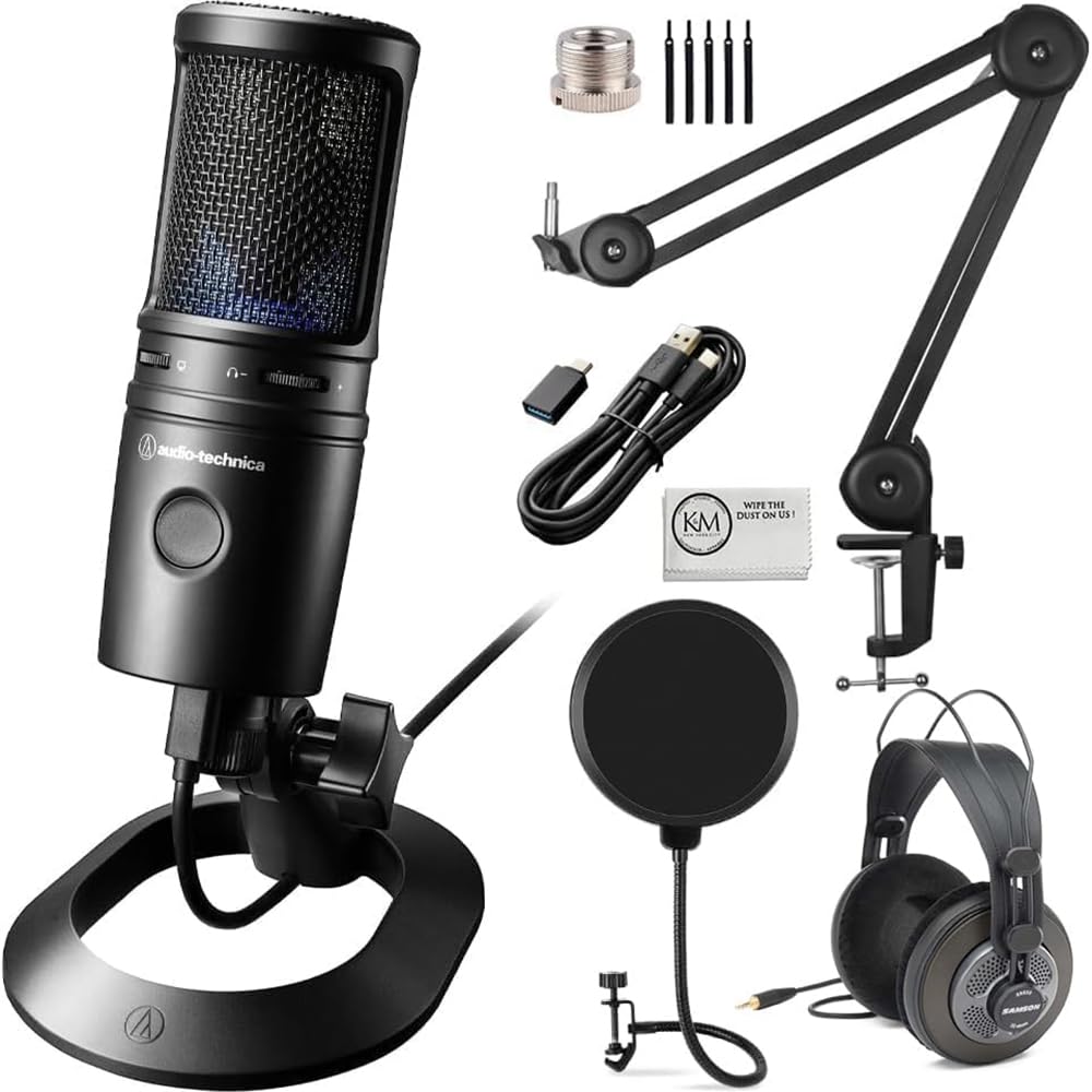 Audio-Technica AT2020USB-X Cardioid Condenser USB Microphone Bundled with Microphone Arm + Headphones + Wind Screen Pop Filter +