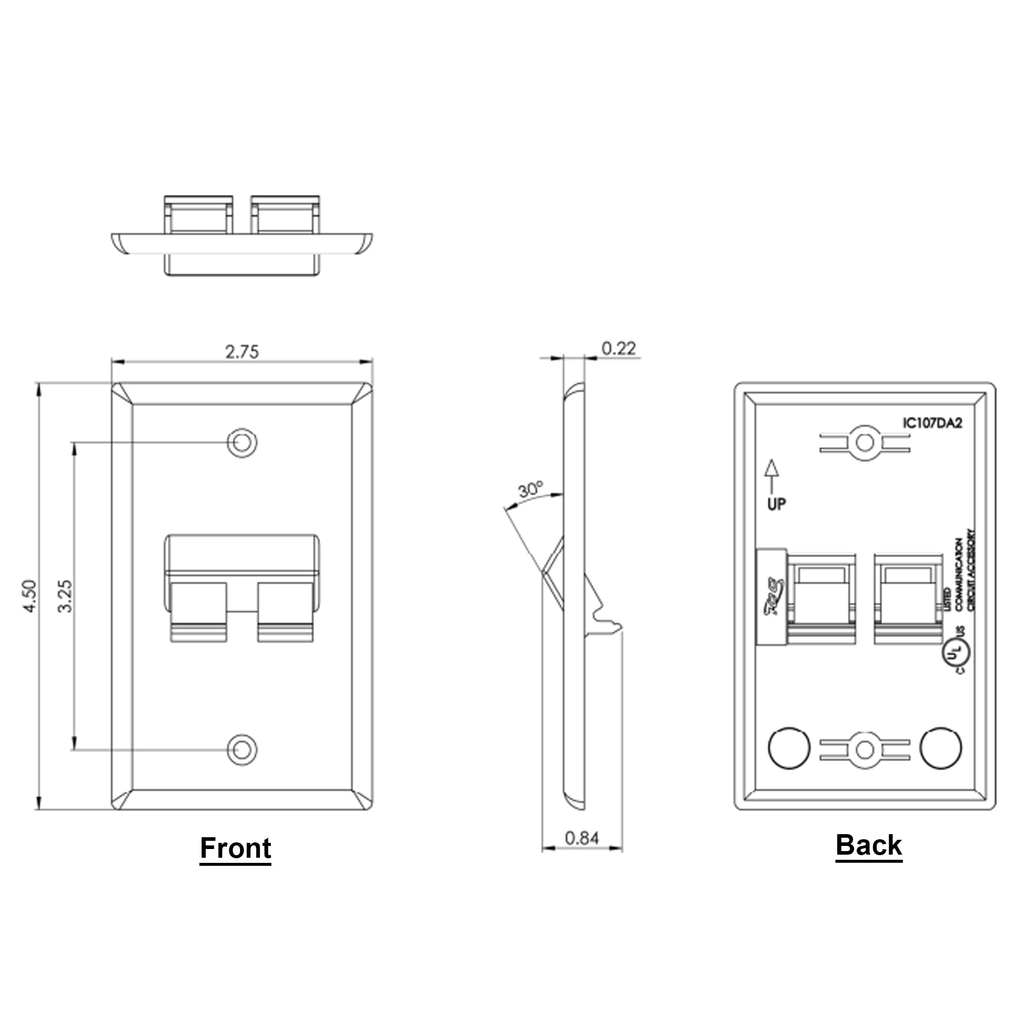 ICC Angled Faceplate with Two Angled Ports for EZ�/HD Style in Single Gang, White