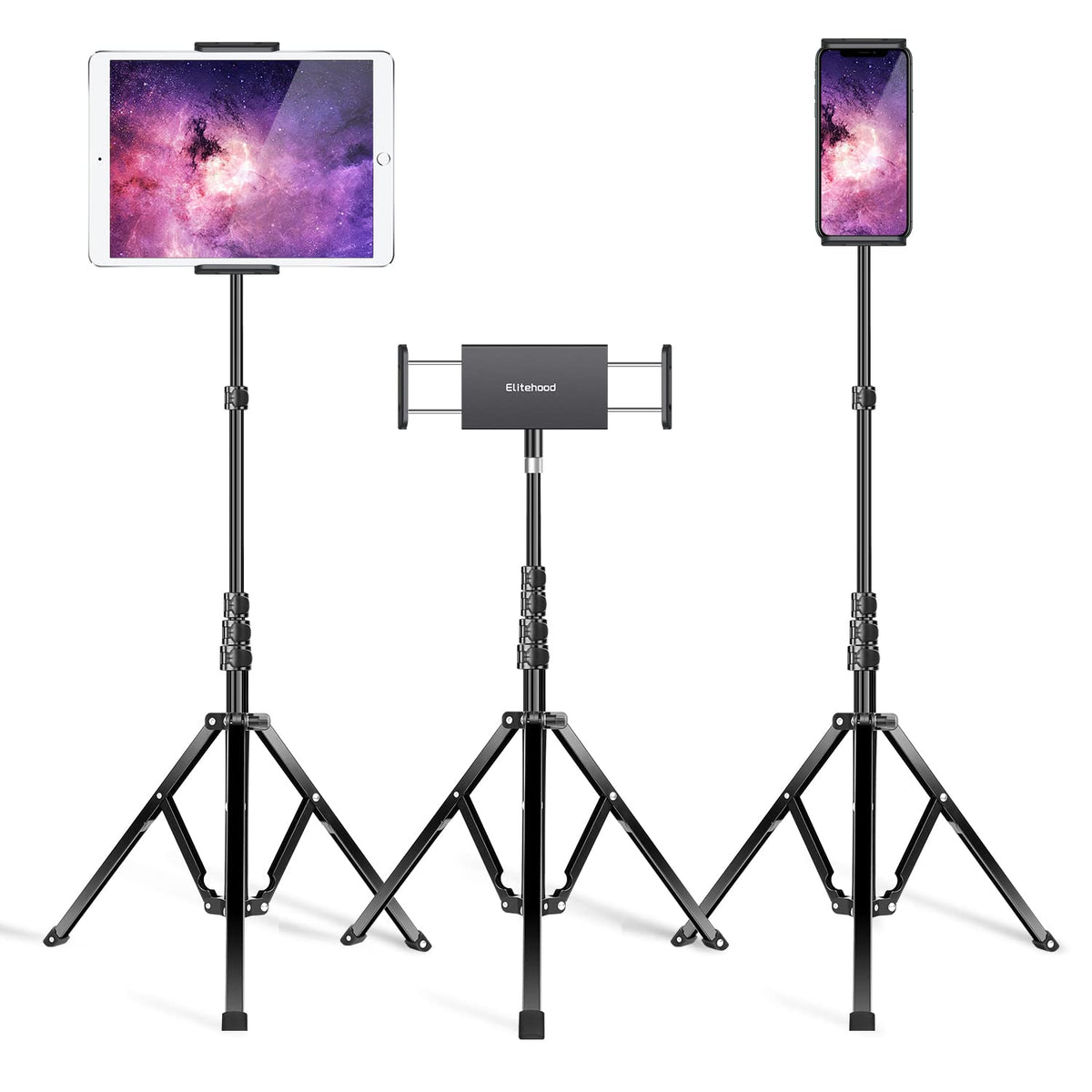 Elitehood Aluminum Ipad Stand Floor, Tripod Holder   65'' Adjustable Ipad Pro 12.9 Stand, Ipad Holder Stand For Ipad Pro 12.9, 11 Inch, Ipad Air, Mini 2 3 4 And 4.7 13' Tablets And Phones� Black