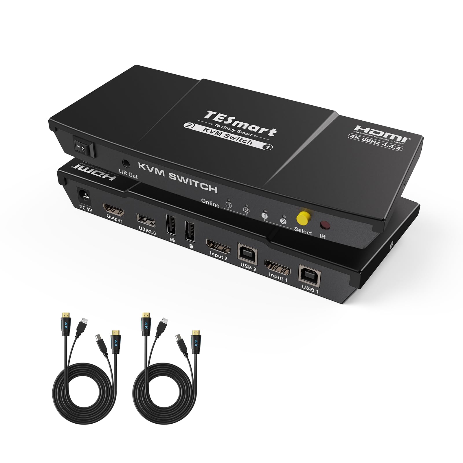 Tesmart Hdmi Kvm Switch 2 Port 4K@60Hz, Kvm Switch 1 Monitor 2 Computers Edid Emulators, Usb 2.0, L/R Audio, Hotkey Switch, Butt