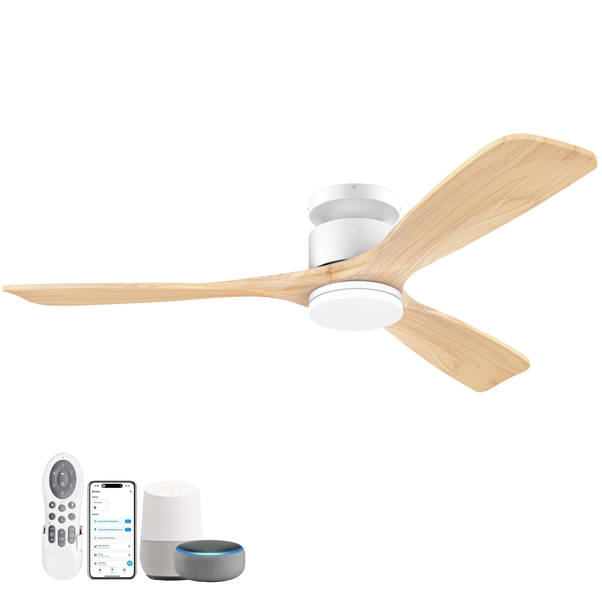 52 Inch Smart Flush Mount Ceiling Fans With Lights Remote,Wood Outdoor Indoor Ceiling Fan,Wifi Alexa App Control,Quiet Dc Motor,