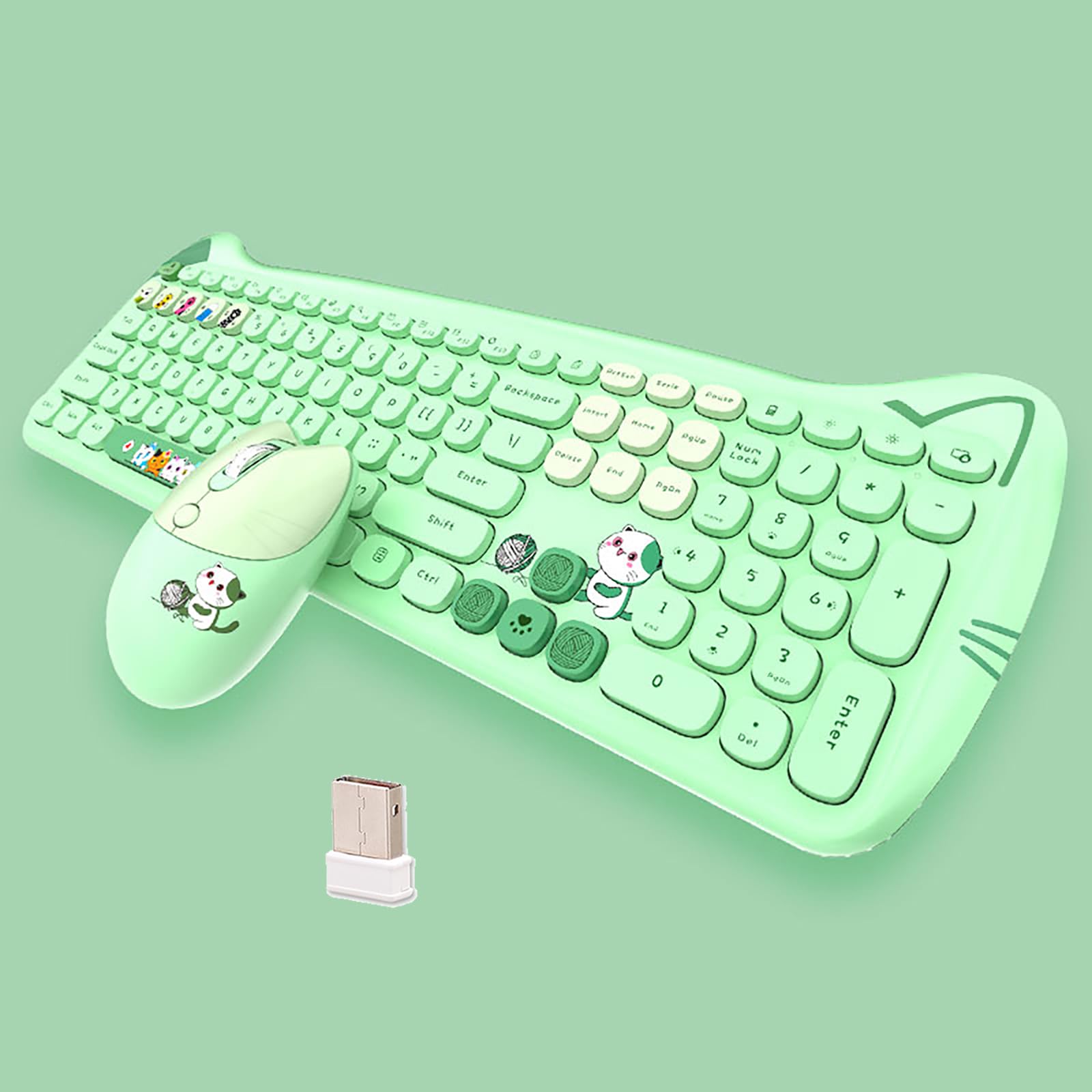 Cute Cat 2.4G Usb Wireless Keyboard And Mouse Combo, Silent Keys, Candy Colors, Compatible With Notebook, Pc (Green 110Keys)