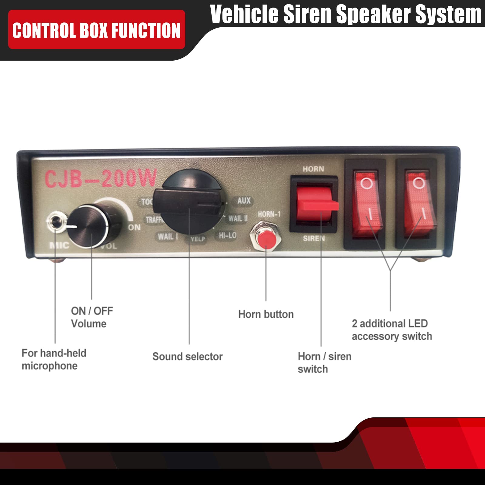 9 Tones Police Siren 200W Wired Handheld Microphone Loudspeaker Emergency Siren Electronic Pa System Amplifier Black Plastic Squ