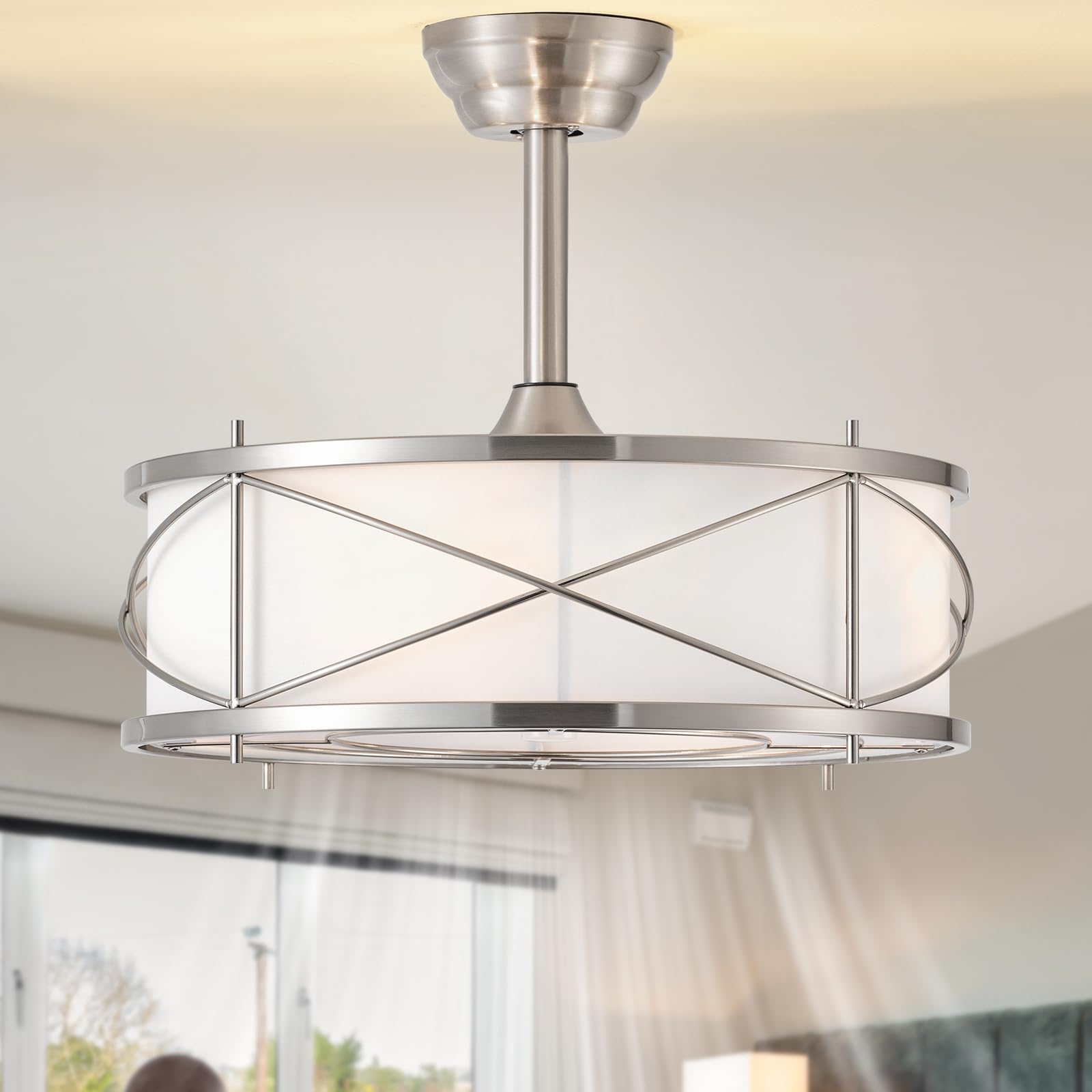 Bexilyny Silver Boho Fandelier Ceiling Fan with Light, 20 Silver Chandelier Ceiling Fans with Lights and Remote, Caged Boho Ratt
