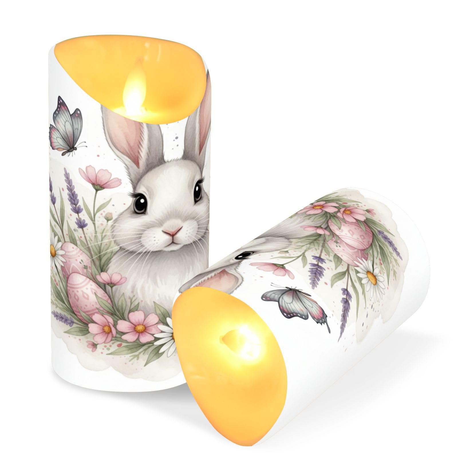 Easter Flameless Candles Set of 2 Bunny Butterfly Flower C Realistic LED Candles with Remote Battery Operated Holiday Decoration