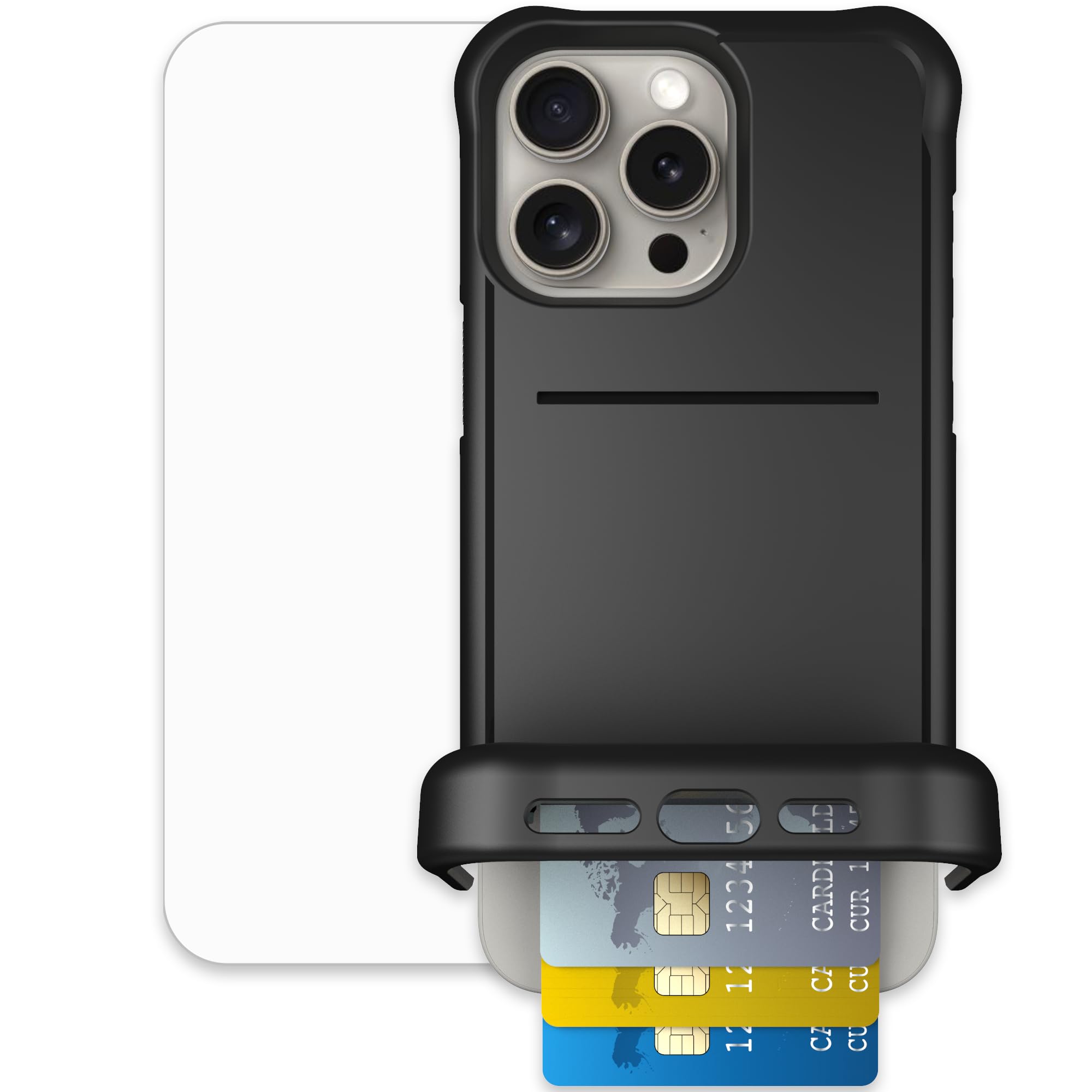 Scooch for iPhone 15 Pro Max Case with Card Holder, Wingmate Wallet Case Black, Bundled with Tempered Glass Screen Protector