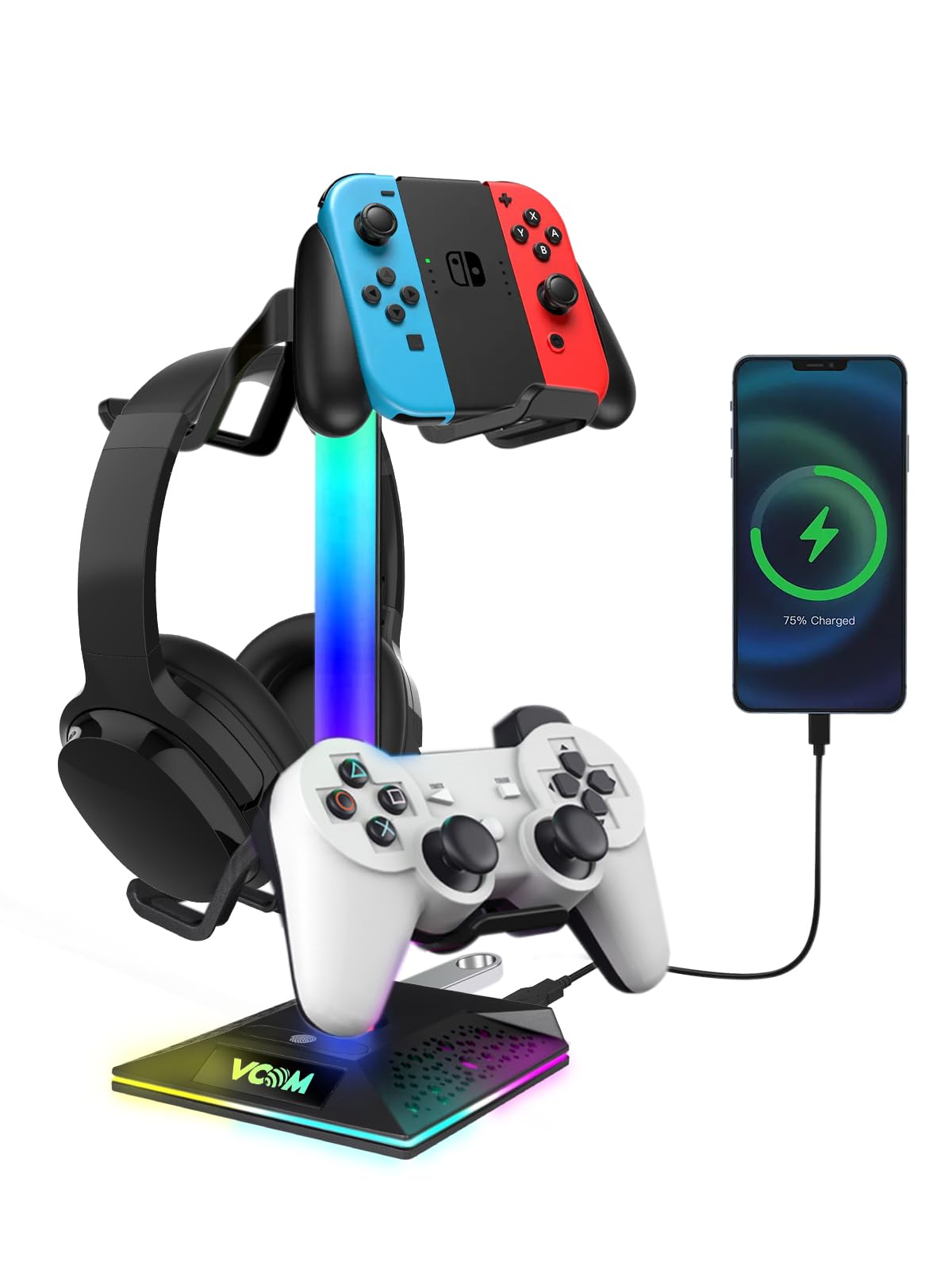 V Vcom Rgb Gaming Headphones Stand With 2 Usb Ports Headset Stand With 10 Light Modes And Non Slip Rubber, Suitable For All Earp