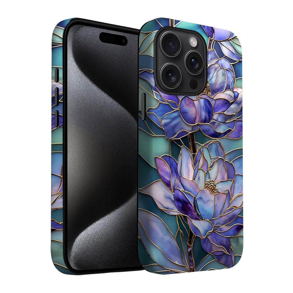 Yuzbira for iPhone 15 Pro Max Case | Stained Glass Purple Lotus | Slim Drop Protection Design