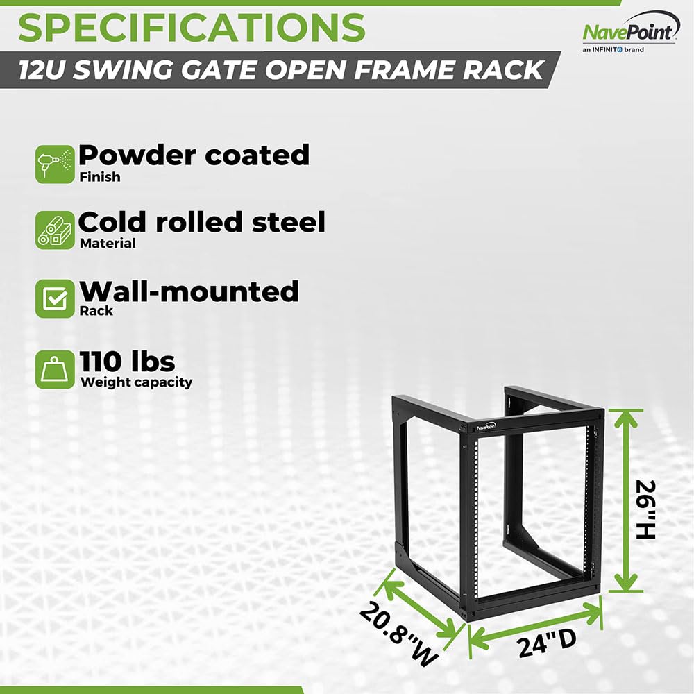 Navepoint 12U Server Rack With Swing Gate   12U Wall Mount Rack For 19 Inch It Equipment Open Frame Rack   Network Rack Wall Mou