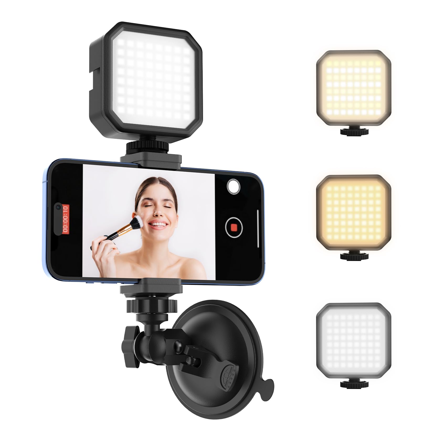 Suction Cup Phone Mount With Rechargeable Light, Hztint Mirror Phone Holder With Light Shower Bathroom Kitchen, Mirror Tripod Fo