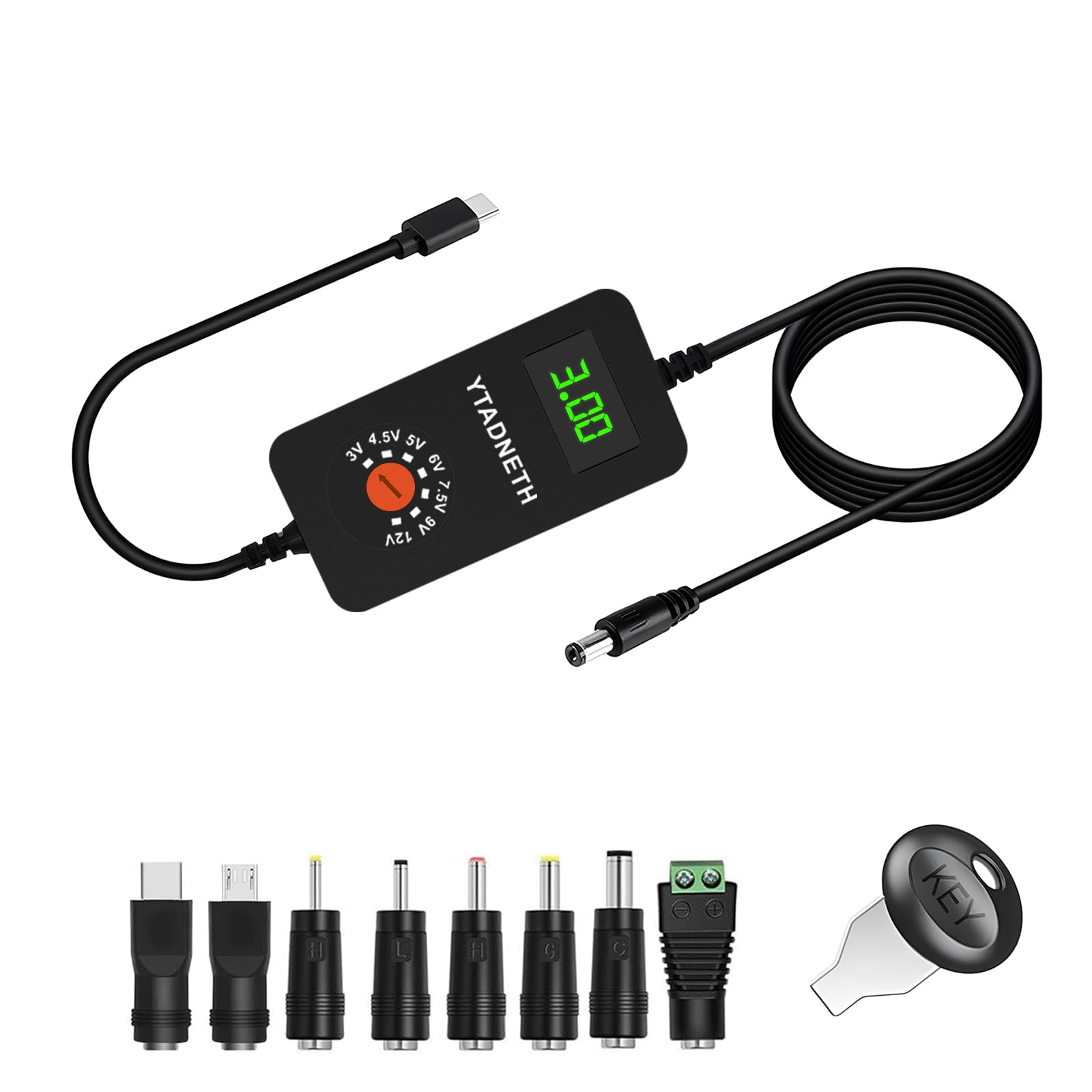 YTADNETH USBC to DC 3V 4.5V 5V 6V 7.5V 9V 12V with LED Display, MultiVoltage Adapter DC Cable,PD Trigger Cable with DCDC Step